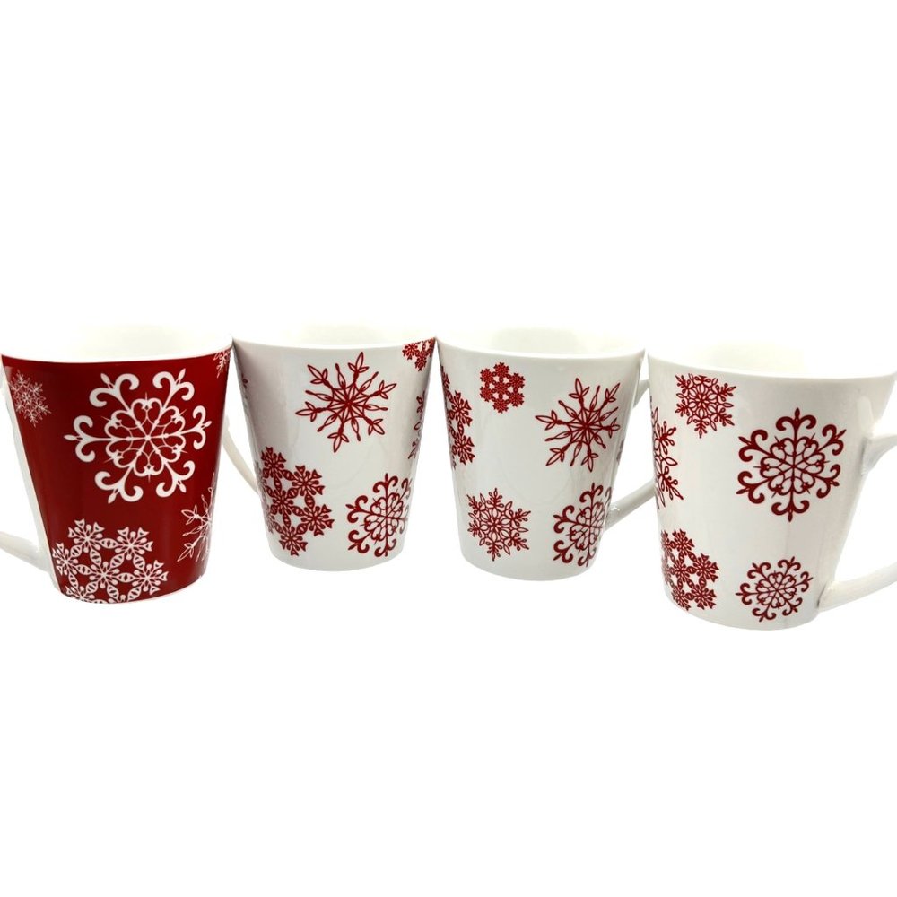 Gibson Home Coffee Tea Mug Set of 4 Christmas Snowflake Red White Festive Table